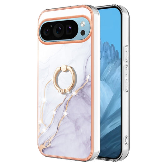 For Google Pixel 9 Pro XL Electroplating Marble IMD TPU Phone Case with Ring Holder(White 006) - Google Cases by buy2fix | Online Shopping UK | buy2fix