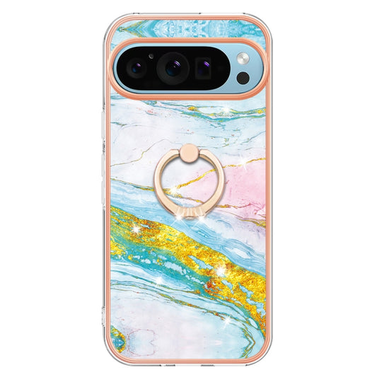 For Google Pixel 9 Pro XL Electroplating Marble IMD TPU Phone Case with Ring Holder(Green 004) by buy2fix