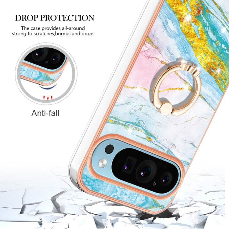 For Google Pixel 9 Pro XL Electroplating Marble IMD TPU Phone Case with Ring Holder(Green 004) by buy2fix