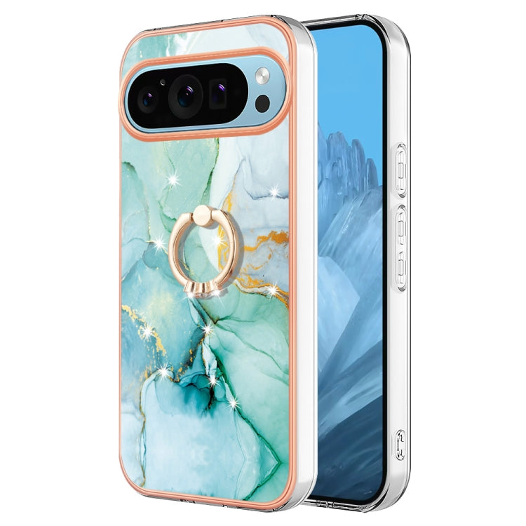 For Google Pixel 9 Pro XL Electroplating Marble IMD TPU Phone Case with Ring Holder(Green 003) by buy2fix