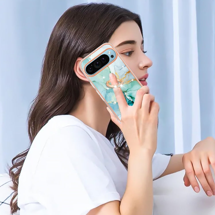 For Google Pixel 9 Pro XL Electroplating Marble IMD TPU Phone Case with Ring Holder(Green 003) by buy2fix