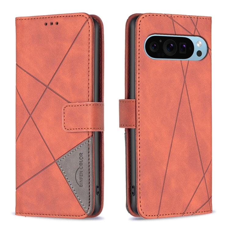 For Google Pixel 9 Pro Magnetic Buckle Rhombus Texture Leather Phone Case(Brown) by buy2fix