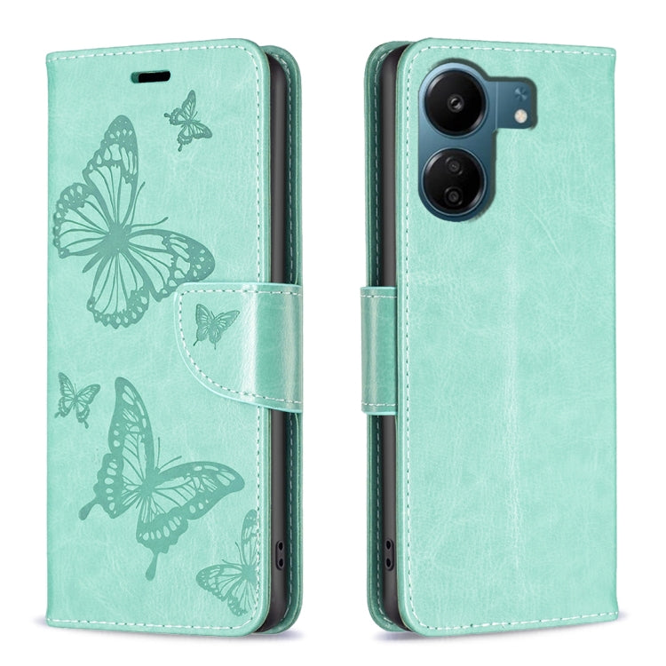 For Xiaomi Redmi 13C Two Butterflies Embossing Leather Phone Case(Green) by buy2fix