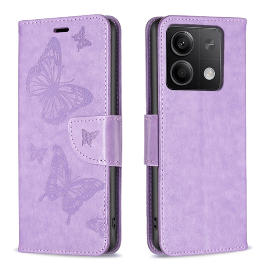 For Xiaomi Redmi Note 13 4G Global Two Butterflies Embossing Leather Phone Case(Purple)