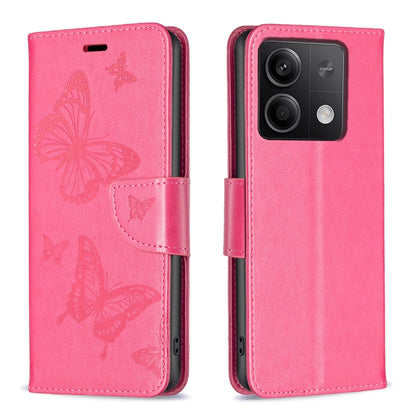 For Xiaomi Redmi Note 13 4G Global Two Butterflies Embossing Leather Phone Case(Rose Red) - Xiaomi Cases by buy2fix | Online Shopping UK | buy2fix