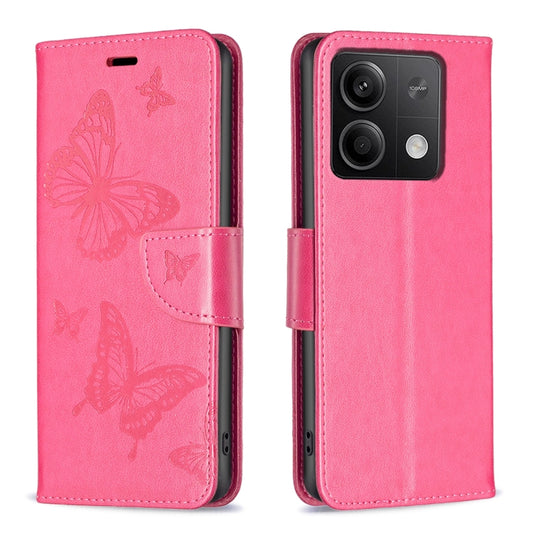 For Xiaomi Redmi Note 13 4G Global Two Butterflies Embossing Leather Phone Case(Rose Red) - Xiaomi Cases by buy2fix | Online Shopping UK | buy2fix