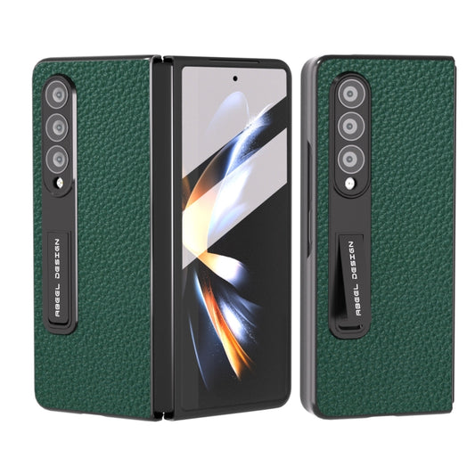 For Samsung Galaxy Z Fold3 5G Integrated Genuine Leather Litchi Texture Phone Case with Holder(Green) - Galaxy Phone Cases by buy2fix | Online Shopping UK | buy2fix