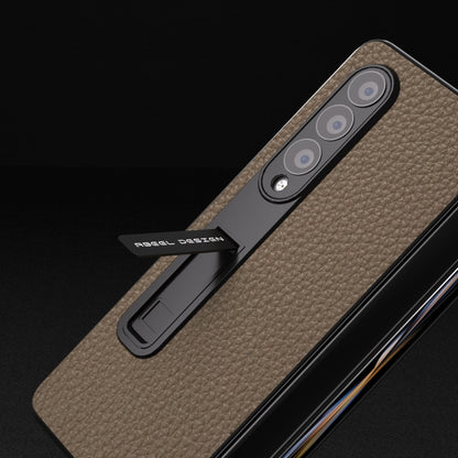 For Samsung Galaxy Z Fold3 5G Integrated Genuine Leather Litchi Texture Phone Case with Holder(Grey) - Galaxy Phone Cases by buy2fix | Online Shopping UK | buy2fix