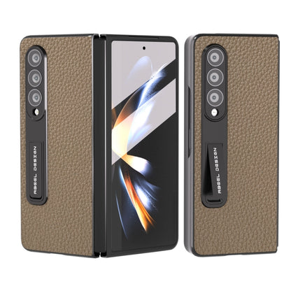 For Samsung Galaxy Z Fold3 5G Integrated Genuine Leather Litchi Texture Phone Case with Holder(Grey) - Galaxy Phone Cases by buy2fix | Online Shopping UK | buy2fix