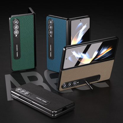 For Samsung Galaxy Z Fold4 5G Integrated Genuine Leather Litchi Texture Phone Case with Holder(Black) - Galaxy Z Fold4 5G Cases by buy2fix | Online Shopping UK | buy2fix