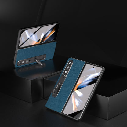 For Samsung Galaxy Z Fold4 5G Integrated Genuine Leather Litchi Texture Phone Case with Holder(Blue) - Galaxy Z Fold4 5G Cases by buy2fix | Online Shopping UK | buy2fix