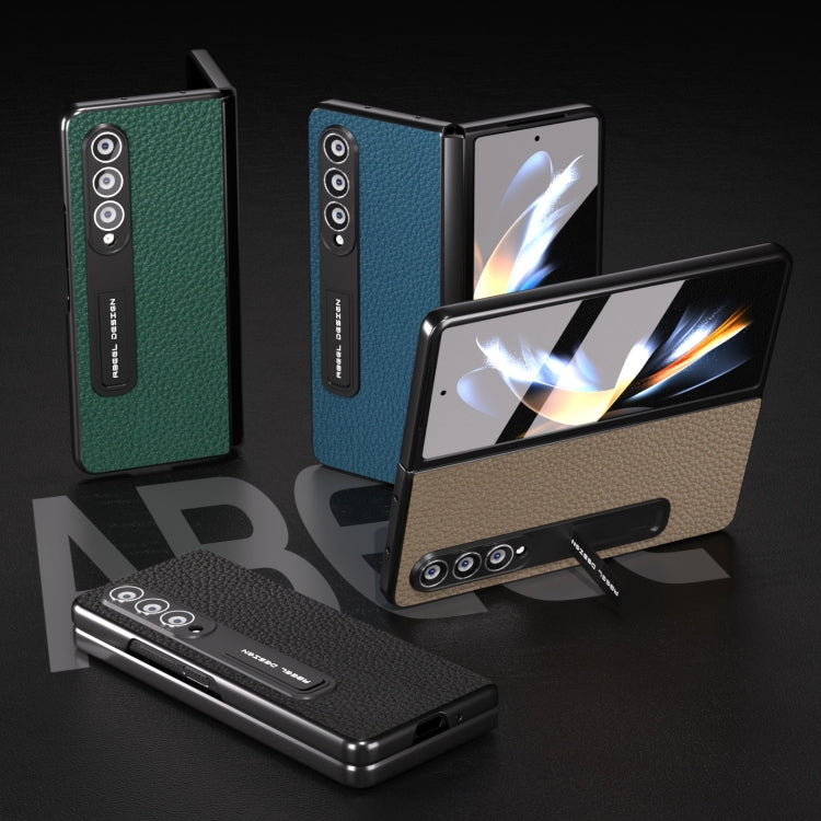 For Samsung Galaxy Z Fold4 5G Integrated Genuine Leather Litchi Texture Phone Case with Holder(Grey) - Galaxy Z Fold4 5G Cases by buy2fix | Online Shopping UK | buy2fix