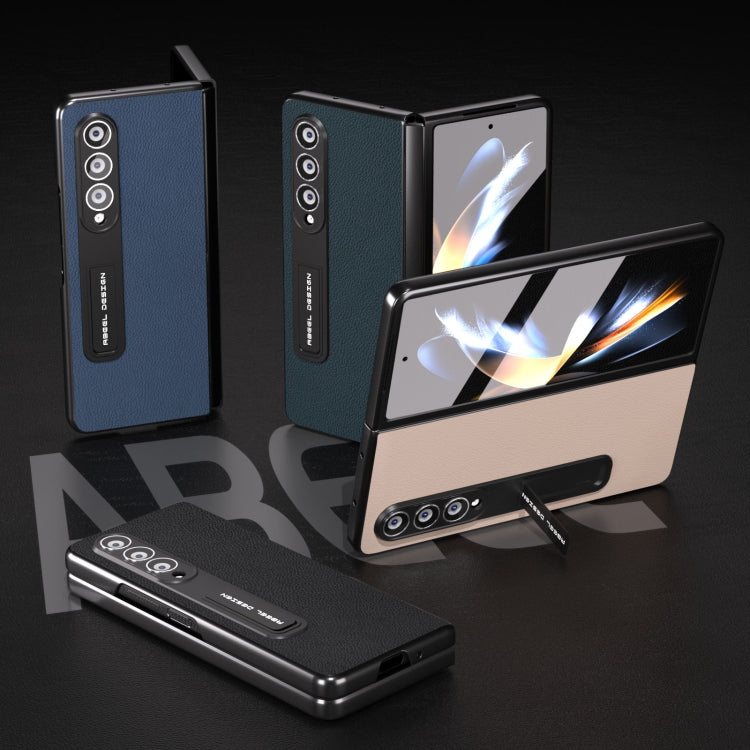 For Samsung Galaxy Z Fold3 5G Integrated Genuine Leather + PC Litchi Texture Phone Case with Holder(Blue) - Galaxy Phone Cases by buy2fix | Online Shopping UK | buy2fix