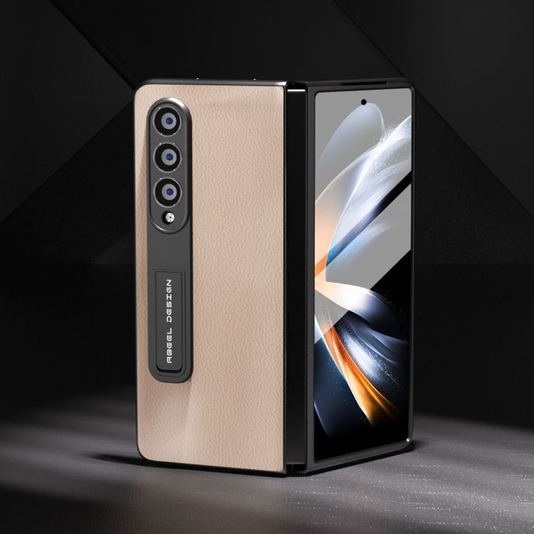 For Samsung Galaxy Z Fold3 5G Integrated Genuine Leather + PC Litchi Texture Phone Case with Holder(Pink Gold) - Galaxy Phone Cases by buy2fix | Online Shopping UK | buy2fix