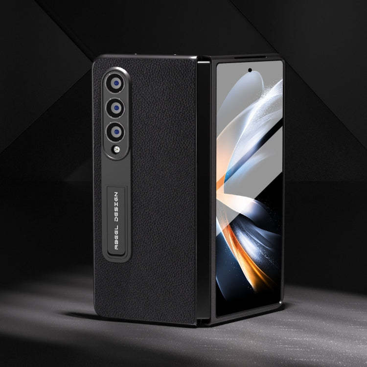 For Samsung Galaxy Z Fold3 5G Integrated Genuine Leather + PC Litchi Texture Phone Case with Holder(Black) - Galaxy Phone Cases by buy2fix | Online Shopping UK | buy2fix