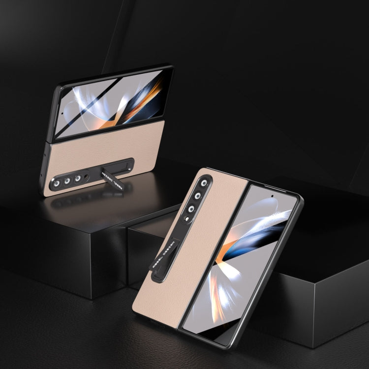 For Samsung Galaxy Z Fold4 5G Integrated Genuine Leather + PC Litchi Texture Phone Case with Holder(Pink Gold) - Galaxy Z Fold4 5G Cases by buy2fix | Online Shopping UK | buy2fix