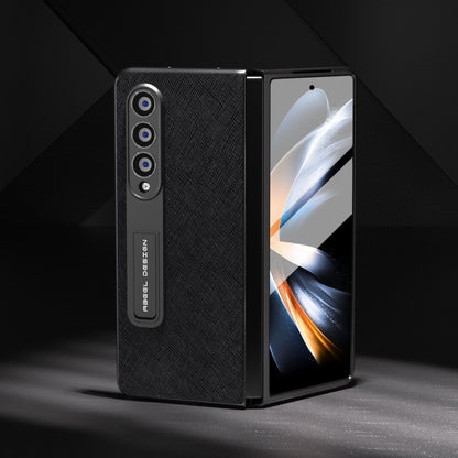 For Samsung Galaxy Z Fold3 5G Integrated Cross Texture Genuine Leather Phone Case with Holder(Black) - Galaxy Phone Cases by buy2fix | Online Shopping UK | buy2fix