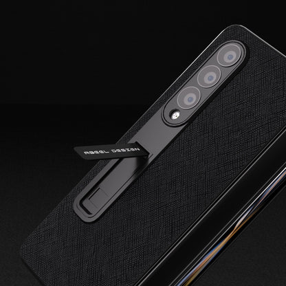 For Samsung Galaxy Z Fold3 5G Integrated Cross Texture Genuine Leather Phone Case with Holder(Black) - Galaxy Phone Cases by buy2fix | Online Shopping UK | buy2fix