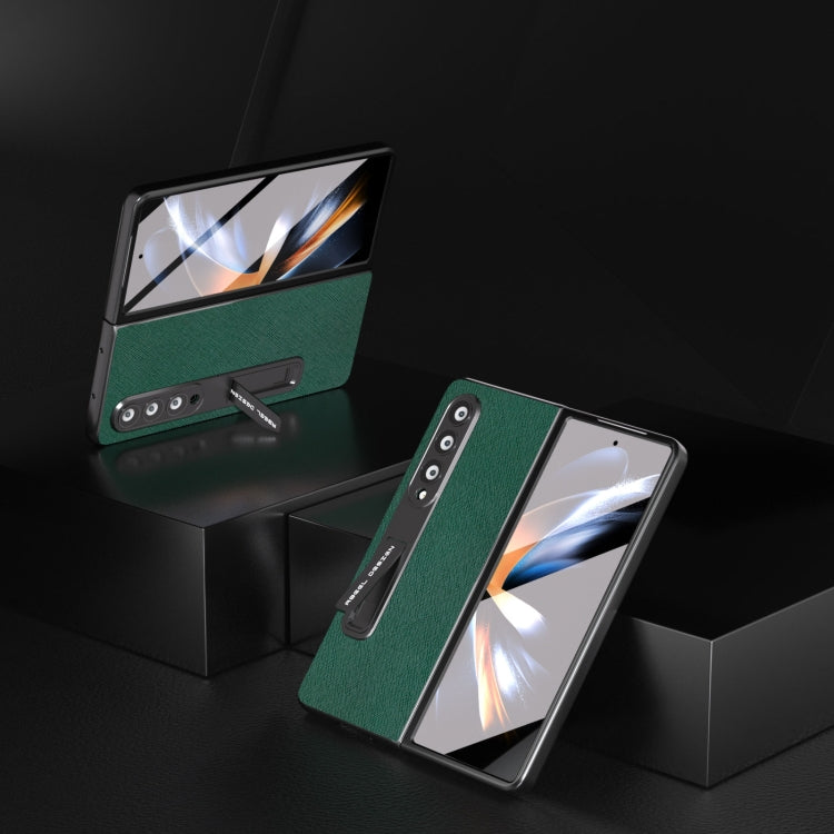 For Samsung Galaxy Z Fold3 5G Integrated Cross Texture Genuine Leather Phone Case with Holder(Green) - Galaxy Phone Cases by buy2fix | Online Shopping UK | buy2fix