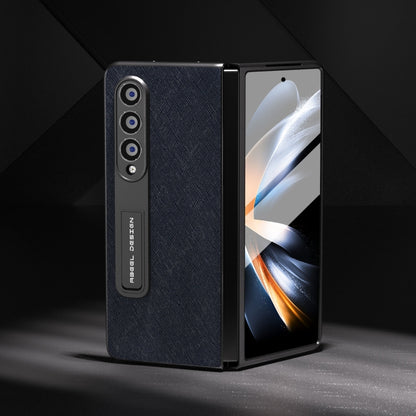 For Samsung Galaxy Z Fold3 5G Integrated Cross Texture Genuine Leather Phone Case with Holder(Blue) - Galaxy Phone Cases by buy2fix | Online Shopping UK | buy2fix