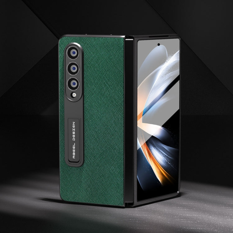 For Samsung Galaxy Z Fold4 5G Integrated Cross Texture Genuine Leather Phone Case with Holder(Green) - Galaxy Z Fold4 5G Cases by buy2fix | Online Shopping UK | buy2fix
