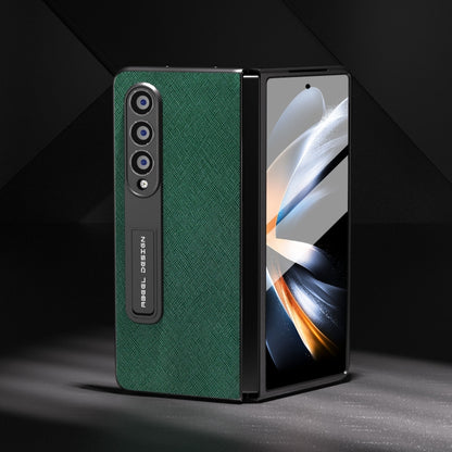 For Samsung Galaxy Z Fold4 5G Integrated Cross Texture Genuine Leather Phone Case with Holder(Green) - Galaxy Z Fold4 5G Cases by buy2fix | Online Shopping UK | buy2fix