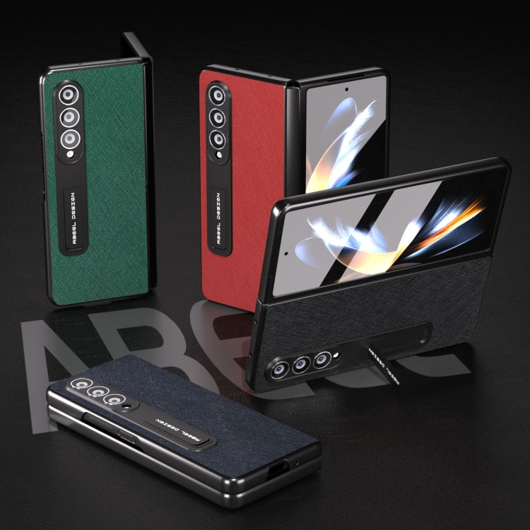 For Samsung Galaxy Z Fold4 5G Integrated Cross Texture Genuine Leather Phone Case with Holder(Green) - Galaxy Z Fold4 5G Cases by buy2fix | Online Shopping UK | buy2fix