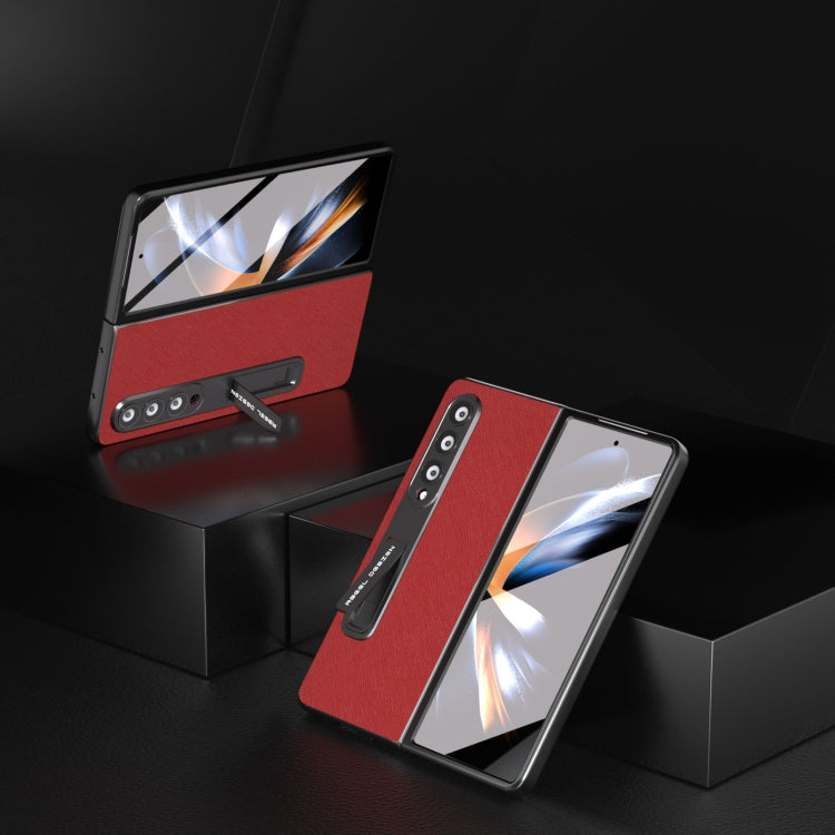 For Samsung Galaxy Z Fold4 5G Integrated Cross Texture Genuine Leather Phone Case with Holder(Red) - Galaxy Z Fold4 5G Cases by buy2fix | Online Shopping UK | buy2fix
