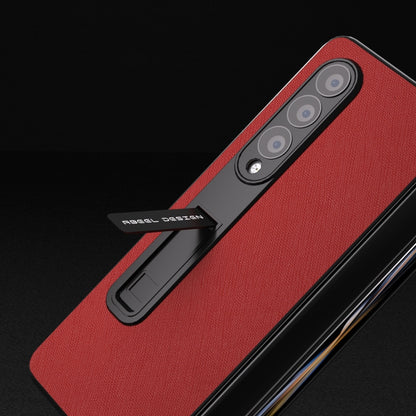 For Samsung Galaxy Z Fold4 5G Integrated Cross Texture Genuine Leather Phone Case with Holder(Red) - Galaxy Z Fold4 5G Cases by buy2fix | Online Shopping UK | buy2fix