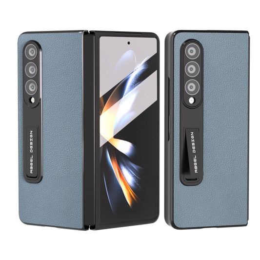 For Samsung Galaxy Z Fold3 5G Integrated Black Edge Genuine Leather Mino Phone Case with Holder(Blue) - Galaxy Phone Cases by buy2fix | Online Shopping UK | buy2fix
