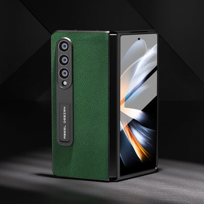 For Samsung Galaxy Z Fold4 5G Integrated Black Edge Genuine Leather Mino Phone Case with Holder(Green) - Galaxy Z Fold4 5G Cases by buy2fix | Online Shopping UK | buy2fix