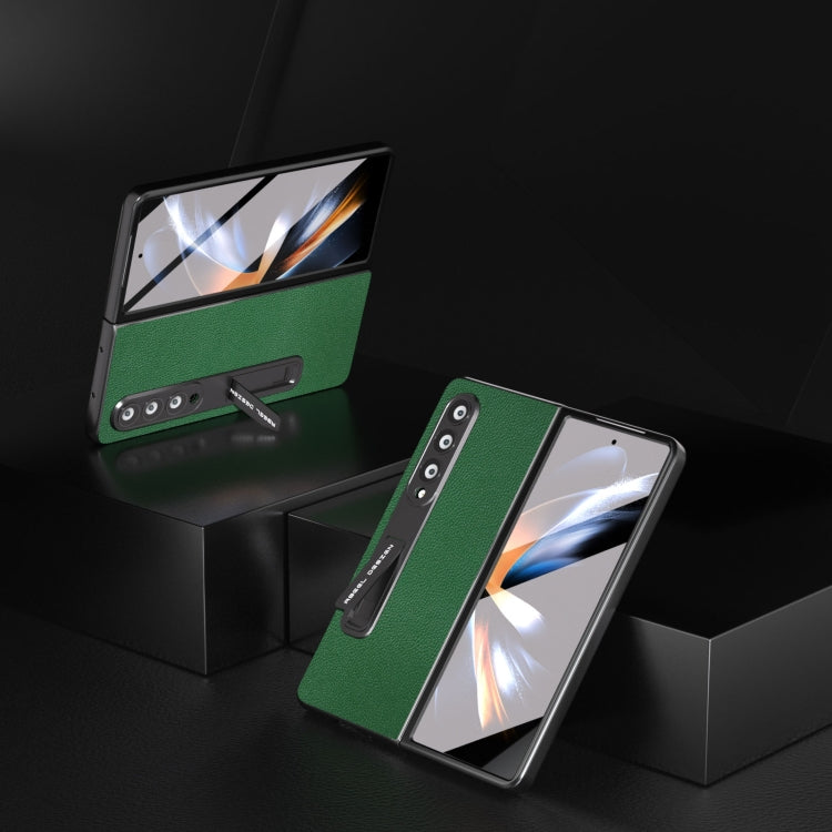 For Samsung Galaxy Z Fold4 5G Integrated Black Edge Genuine Leather Mino Phone Case with Holder(Green) - Galaxy Z Fold4 5G Cases by buy2fix | Online Shopping UK | buy2fix