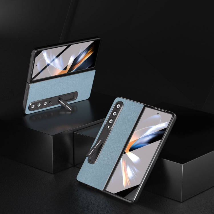 For Samsung Galaxy Z Fold4 5G Integrated Black Edge Genuine Leather Mino Phone Case with Holder(Blue) - Galaxy Z Fold4 5G Cases by buy2fix | Online Shopping UK | buy2fix
