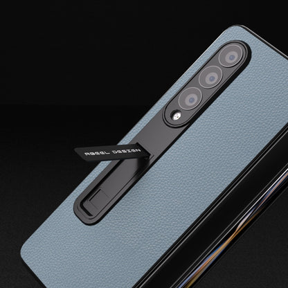 For Samsung Galaxy Z Fold4 5G Integrated Black Edge Genuine Leather Mino Phone Case with Holder(Blue) - Galaxy Z Fold4 5G Cases by buy2fix | Online Shopping UK | buy2fix