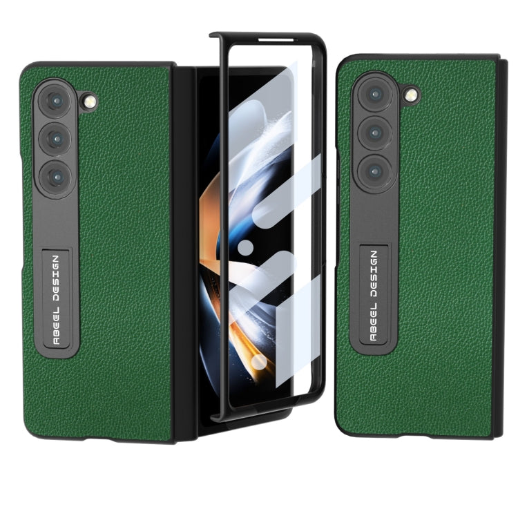 For Samsung Galaxy Z Fold5 ABEEL Integrated Black Edge Genuine Leather Mino Phone Case with Holder(Green) - Galaxy Z Fold5 Cases by buy2fix | Online Shopping UK | buy2fix