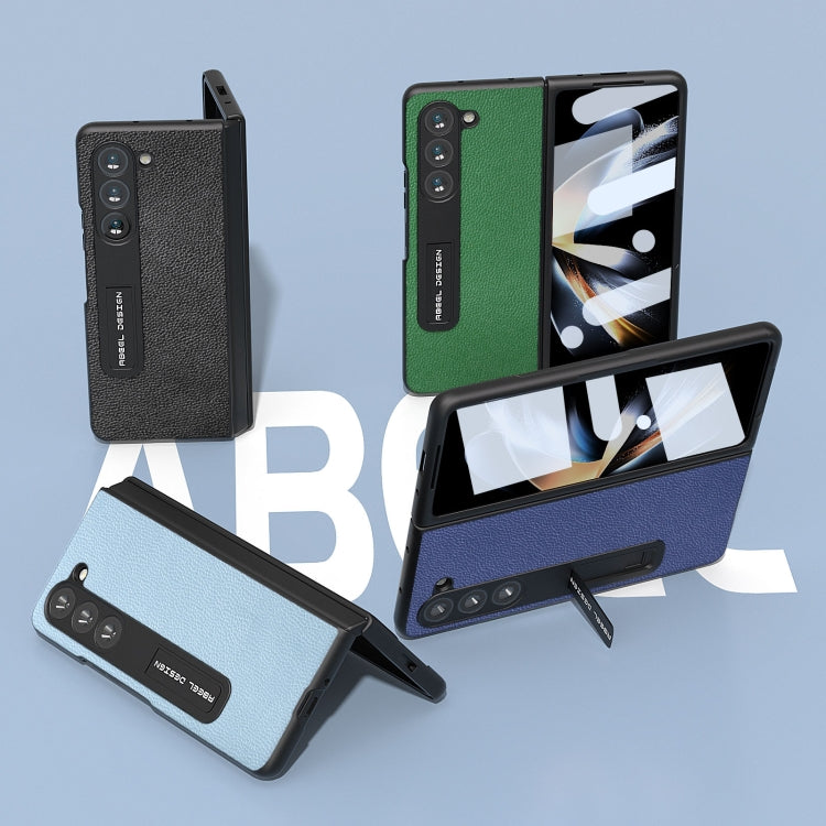For Samsung Galaxy Z Fold5 ABEEL Integrated Black Edge Genuine Leather Mino Phone Case with Holder(Blue) - Galaxy Z Fold5 Cases by buy2fix | Online Shopping UK | buy2fix