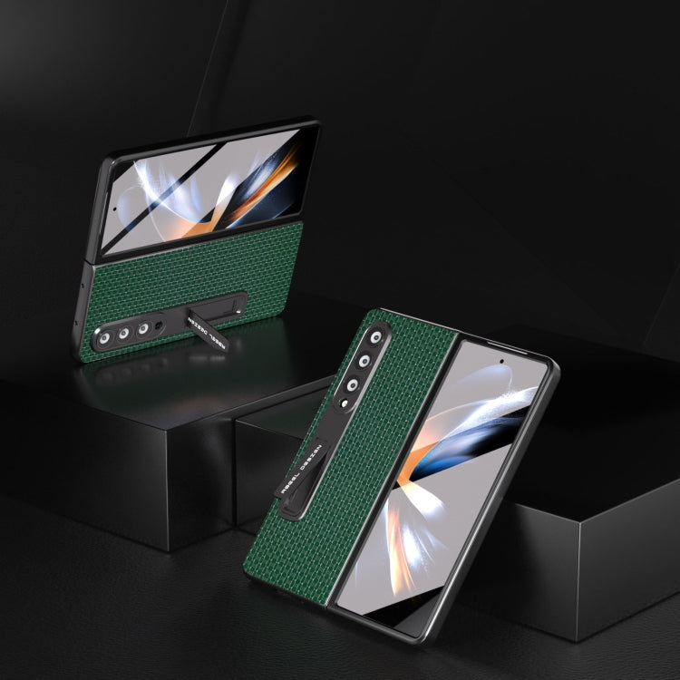 For Samsung Galaxy Z Fold4 5G Integrated Genuine Leather Luxury Series Phone Case with Holder(Night Green) - Galaxy Z Fold4 5G Cases by buy2fix | Online Shopping UK | buy2fix