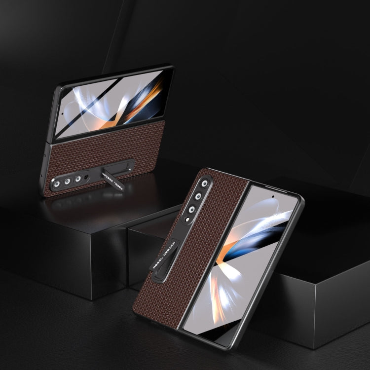 For Samsung Galaxy Z Fold4 5G Integrated Genuine Leather Luxury Series Phone Case with Holder(Coffee) - Galaxy Z Fold4 5G Cases by buy2fix | Online Shopping UK | buy2fix