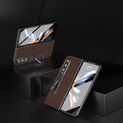 For Samsung Galaxy Z Fold4 5G Integrated Genuine Leather Luxury Series Phone Case with Holder(Coffee) - Galaxy Z Fold4 5G Cases by buy2fix | Online Shopping UK | buy2fix