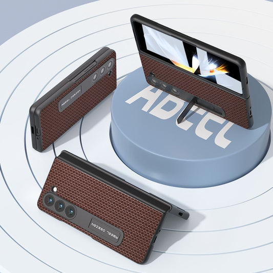 For Samsung Galaxy Z Fold5 ABEEL Integrated Genuine Leather Luxury Series Phone Case with Holder(Coffee) - Galaxy Z Fold5 Cases by buy2fix | Online Shopping UK | buy2fix