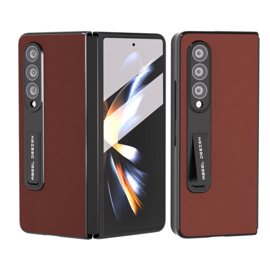 For Samsung Galaxy Z Fold4 5G Integrated Genuine Silky Soft ABEEL Black Edge Phone Case with Holder(Coffee)