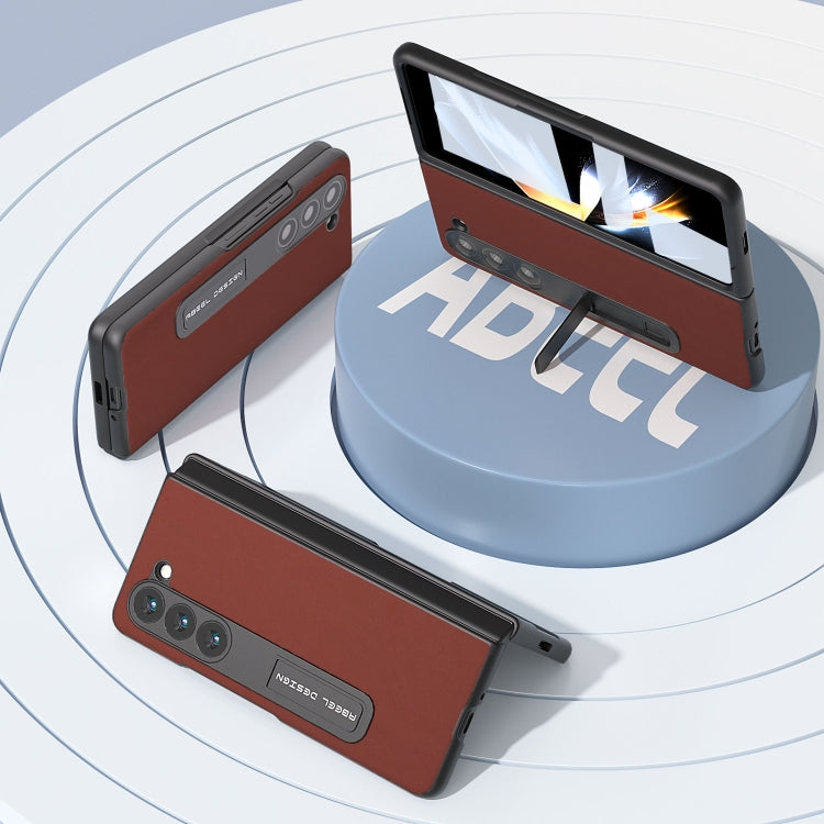 For Samsung Galaxy Z Fold5 ABEEL Integrated Genuine Silky Soft Black Edge Phone Case with Holder(Coffee) - Galaxy Z Fold5 Cases by buy2fix | Online Shopping UK | buy2fix