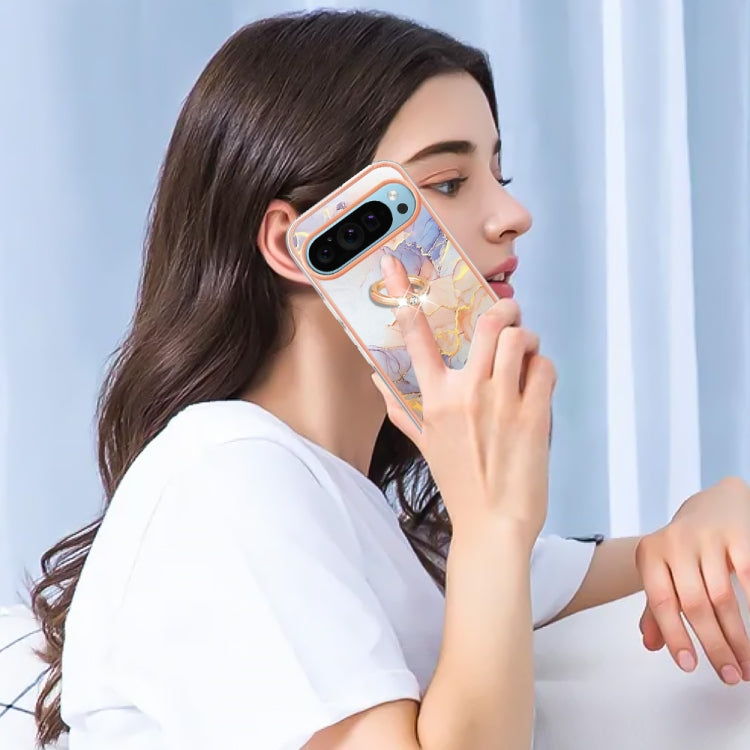 For Google Pixel 9 Pro XL Electroplating IMD TPU Phone Case with Ring(White Marble) by buy2fix