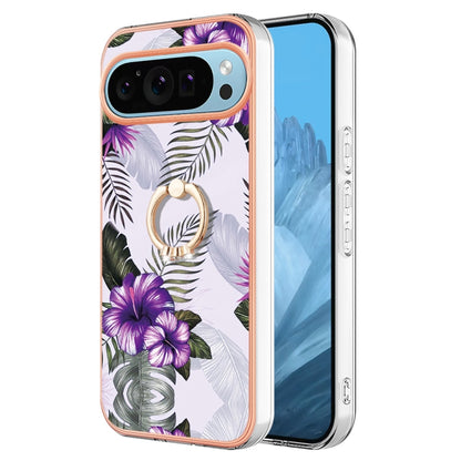 For Google Pixel 9 Pro XL Electroplating IMD TPU Phone Case with Ring(Purple Flower) by buy2fix