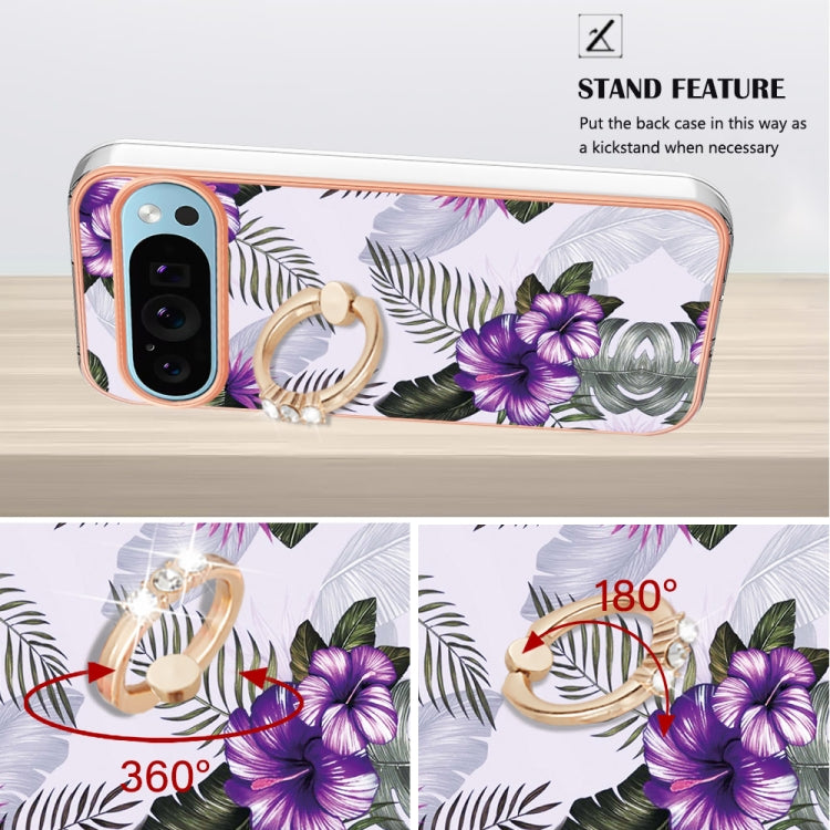For Google Pixel 9 Pro XL Electroplating IMD TPU Phone Case with Ring(Purple Flower) by buy2fix