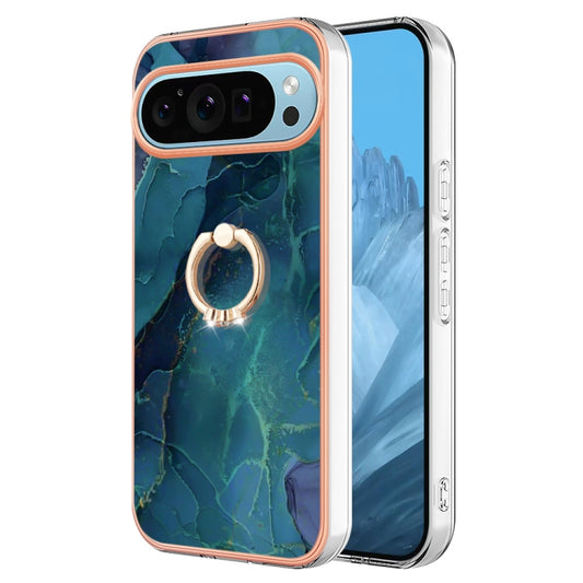 For Google Pixel 9 / 9 Pro Electroplating Marble Dual-side IMD Phone Case with Ring(Green 017) by buy2fix