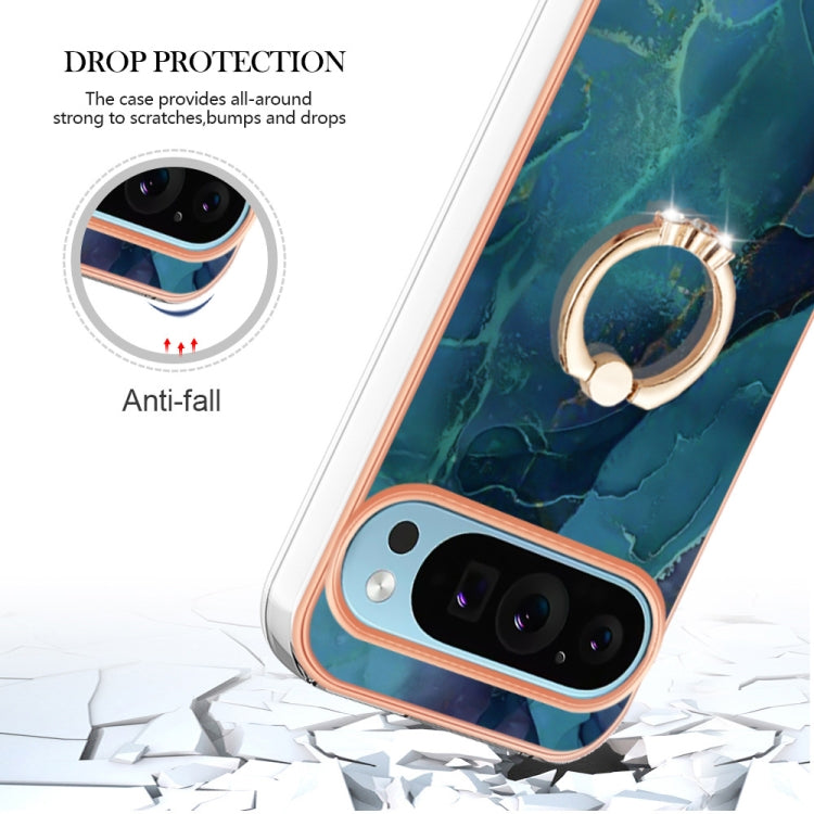 For Google Pixel 9 / 9 Pro Electroplating Marble Dual-side IMD Phone Case with Ring(Green 017) by buy2fix