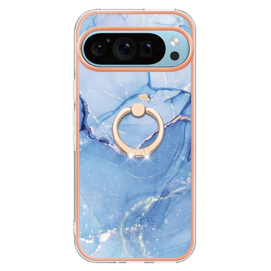 For Google Pixel 9 / 9 Pro Electroplating Marble Dual-side IMD Phone Case with Ring(Blue 018) by buy2fix