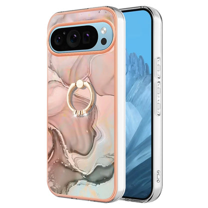 For Google Pixel 9 / 9 Pro Electroplating Marble Dual-side IMD Phone Case with Ring(Rose Gold 015) by buy2fix