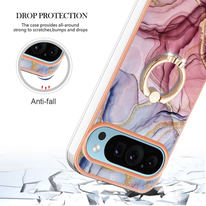 For Google Pixel 9 / 9 Pro Electroplating Marble Dual-side IMD Phone Case with Ring(Rose Red 014) by buy2fix